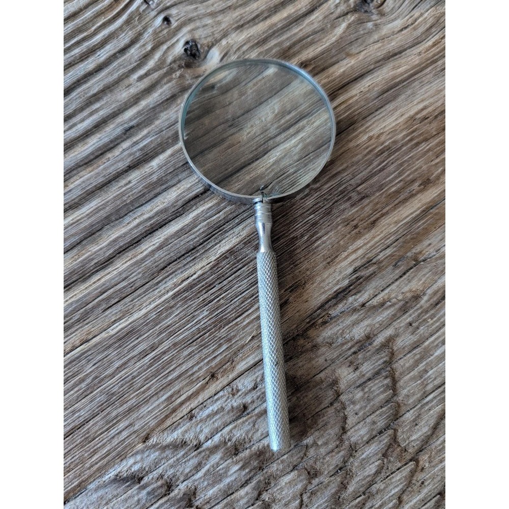 Knurled Metal Handle Magnifying Glass Silver Tone Lens Note